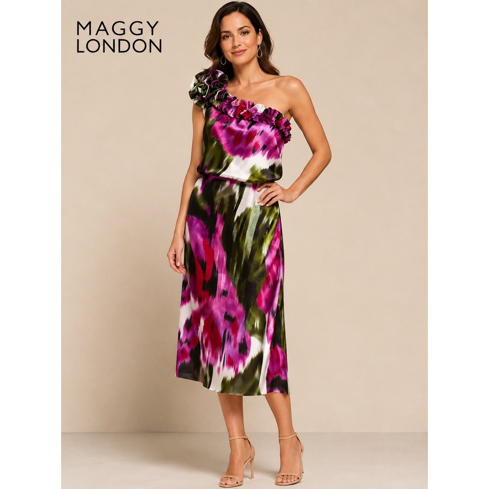 Maggy London One Shoulder Floral Ruffle Satin Cocktail Dress Pink Green Size 10